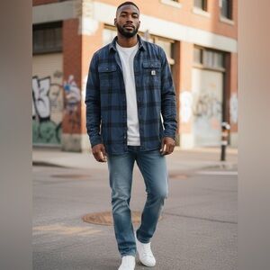 Carhartt Navy Plaid Heavy Weight Button Down Streetwear Casual Tall Shirt